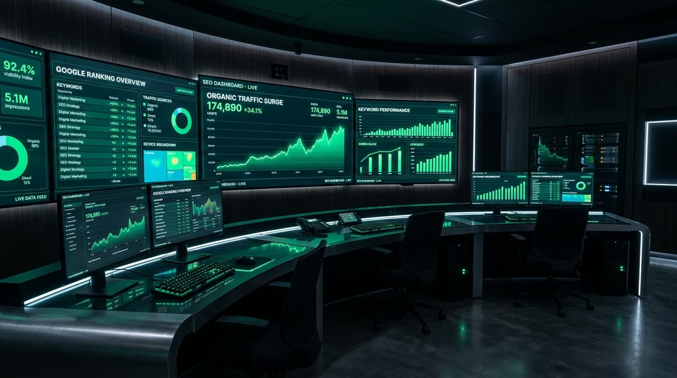 SEO operations room with live Google ranking dashboards