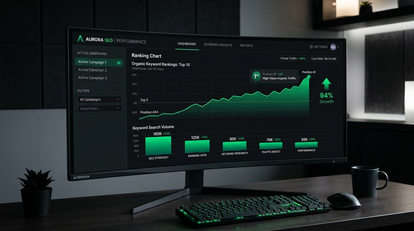 SEO ranking chart climbing to position #1 on ultrawide monitor