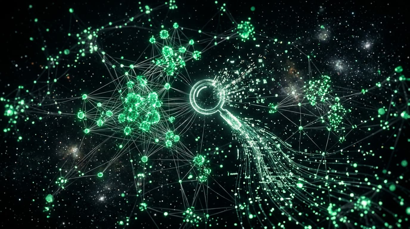 Search engine algorithm visualized as glowing node network