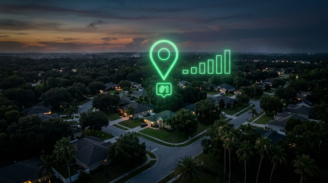 Aerial twilight view of Sanford, FL neighborhood with #1 Google Maps pin