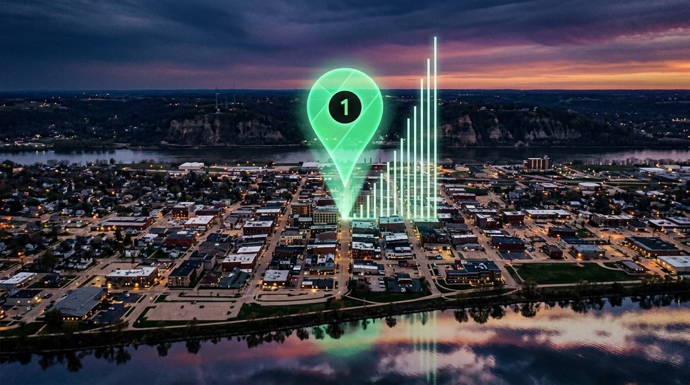 Aerial dusk view of Dubuque, IA with #1 Google Maps pin