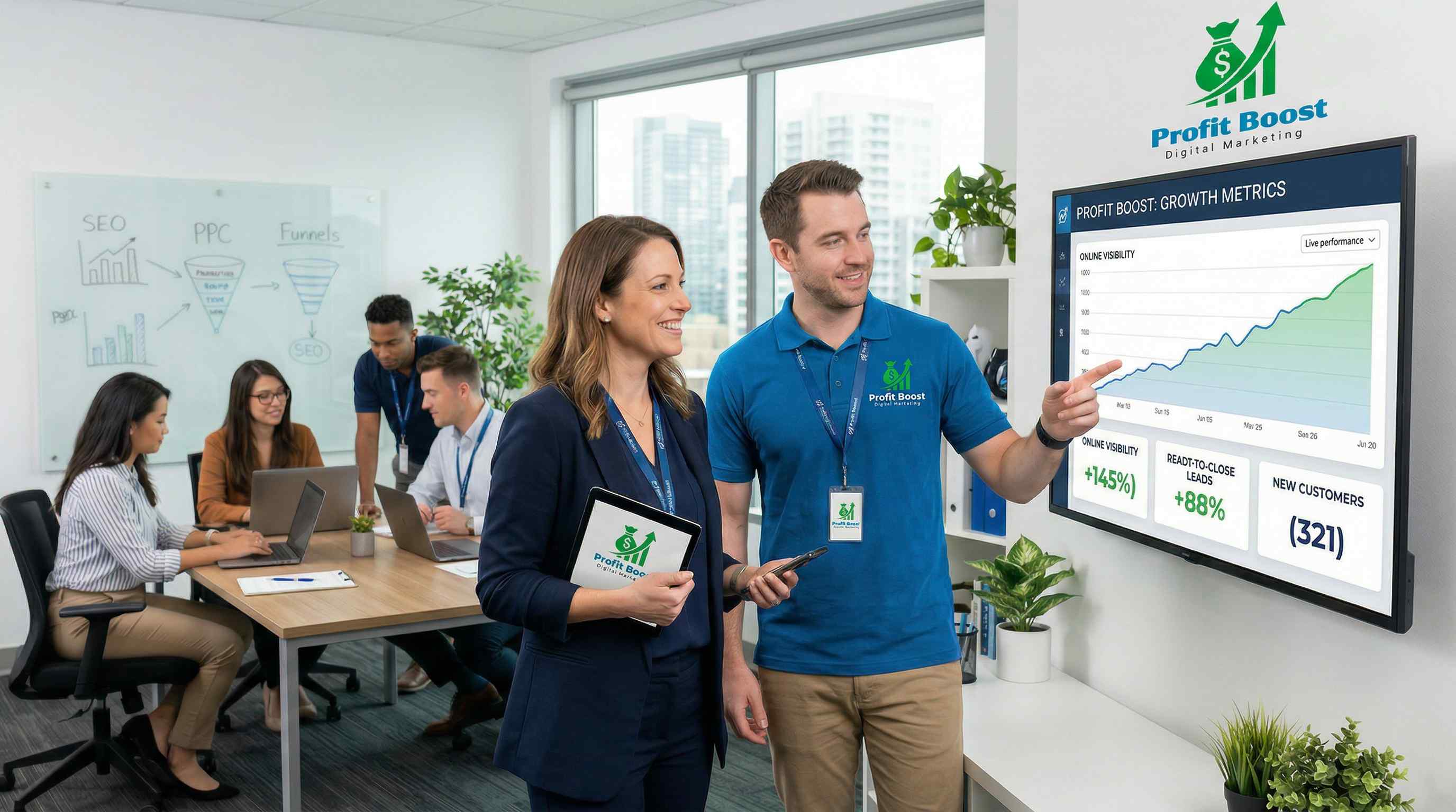 Profit Boost Digital Marketing team presenting growth metrics